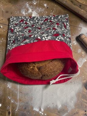 Red Floral Vine Cotton Bread Bag, Cloth Reusable Bread Storage Bag, Handmade Bag